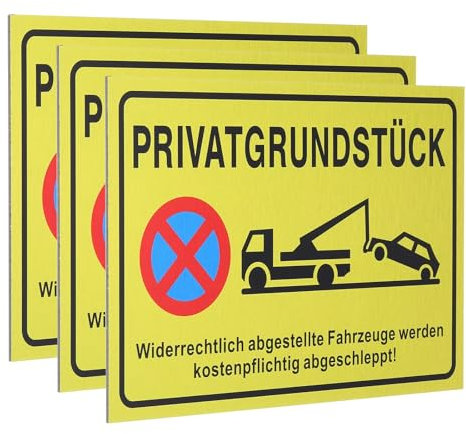 QUARKZMAN 3 Stück Parken Verboten Schild 30 x 20 cm Privatgrundstück Aluminium PVC Verbundplatte Warnschilder Parkende Fahrzeuge Parkplatzschild Hinweisschilder für Privatparkplatz Gelb