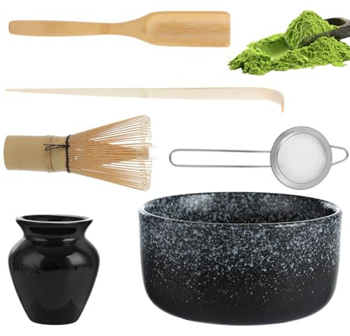 ASelected Lot de 6 balais à matcha - Avec balai à matcha, bol, cuillère à café, passoire à thé, porte-fouet, kit de démarrage pour diverses boissons en poudre comme le cacao ou les shakes protéinés