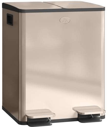 HOMCOM Dual Kitchen Bin, 2 x 20L Stainless Steel Double Rubbish Bin with Soft Close Lid, Removable Inner Buckets, Fingerprint-Proof for Recycling and Waste, Gold Tone