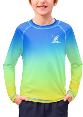 BesserBay Kid Long Sleeve Rash Vest UV Protection Quick Dry Shirt Swim Top Blue Green Yellow Gradient 13-14 Years