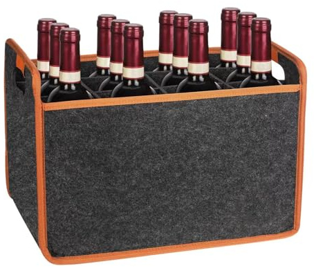 12-Bottle Felt Wine Carrier Storage Box with Divider, Liquor Bottle Tote with Comfort Handle, Portable Wine Tote Bag for Picnic Home