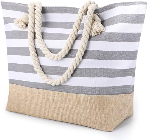 ViEinkaufen Waterproof Beach Bag,Beach Bags for Women with Zipper,Summer Tote Bags Canvas Stripe Travel Bag Reusable Shopping Shoulder Handbags for Pool Gym Picnic Holiday Essentials (Grey)