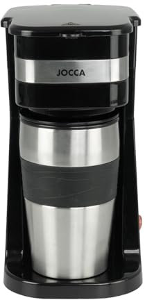 Jocca - Cafetera de goteo individual con taza de viaje 420 ml | Incluye filtro reutilizable | Apagado automático | Termo acero inoxidable negro
