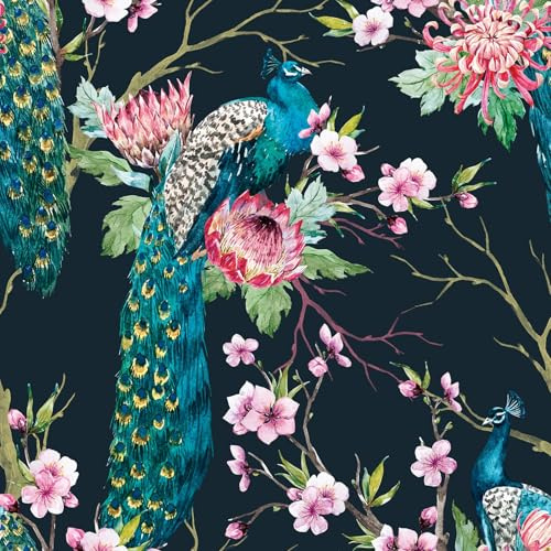 LACHEERY Fleuri Papier Peint Vert avec Motif Paon Tapisserie Autocollante Murale Salon 44.5cm x 200cm Revetement Mural Adhesif Papier Fleur Vinyle Papiers Peints Vintage Lavable pour Armoire Mur
