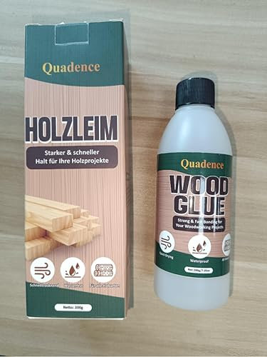 Holzleim Extra Stark für Holzarbeiten, Quadence Wasserfester Transparent Schnell härtend Holzkleber für Möbel, Hochfester Holzleim für Innen & Außen, Basteln, Sockelleisten, Schränke, Türen, 200g