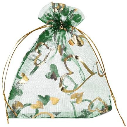 QUARKZMAN 50 Stück Organzasäckchen, 13x18cm Geschenksäckchen Schmuckbeutel Herz-Muster Mesh Säckchen mit Zugband, Organzabeutel für Hochzeit Party Weihnachten Süßigkeiten, Grasgrün-Gold
