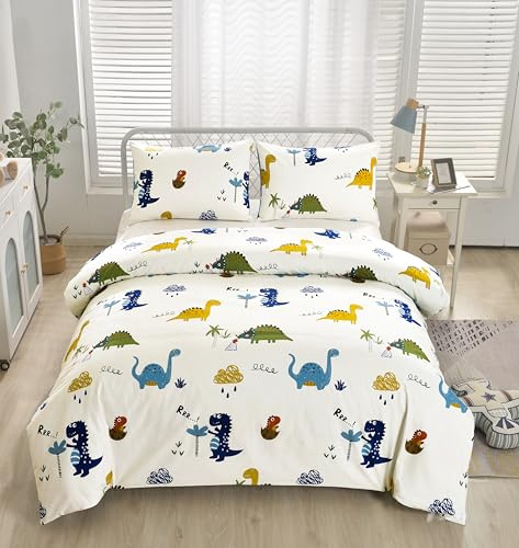 Lunoroey, set di biancheria da letto per bambini con copripiumino con motivo dinosauri, misura singola, 100% cotone, biancheria da letto per ragazzi e ragazze, morbido cotone, adatto per tutte le