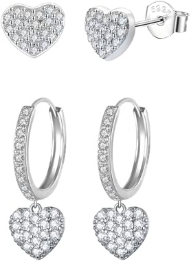 Epoch World 2 par damörhängen silver 925 hjärta örhängen hängande kreoler med hänge hjärta kreoler silver örhängen små med kubisk zirkonia örhängen huggie örhängen för kvinnor flickor kvinnor