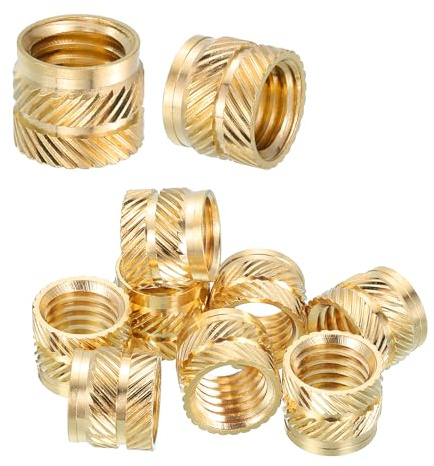sourcing map 10 Pcs Threaded Inserts, M10 x 10mm l x 12mm OD Pure Brass Metric Knurled Nuts Female Threaded Heat Set Inserts Embedment Nut for 3D Printing Components and Plastic Materials
