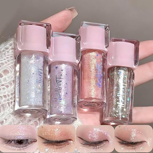 4 Farben Metallic Liquid Eyeshadow Set,Glitzer Langanhaltender Lidschatten,Wischfester Schweißfestes,Schnell Trocknender,Blinkender Formel,Farbenfroher Lidschatten Primer für Frauen