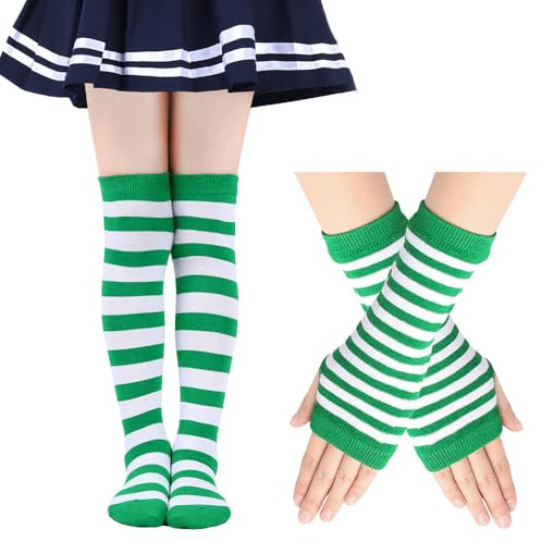Vayliro Kinder Kniestrümpfe Oberschenkel Hohe Socken Fingerlose Handschuhe Set Armstulpe Beinwärmer Gestreifte Overknees Strümpfe Kniehohe Socken Kostüm für Halloween Karneval Cosplay,Grün Weiß