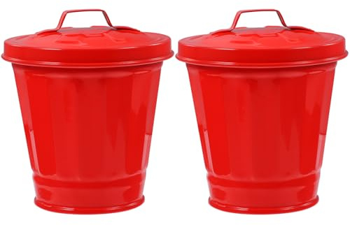 SUPVOX Lot de 2 Mini Poubelles de Bureau en Fer Rouge Couvercle et Poignée, Seaux de Stockage Compacts pour Déchets, Poubelles de Table Cuisine, Bureau et Voyage