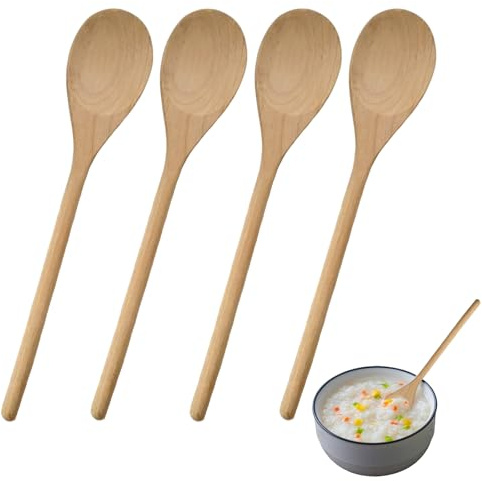 PAPAcroscoma 4Pcs Wooden Spoons for Cooking, Long Handle Natural Wooden Round Spoons, Wooden Cooking Spoon for Eating Mixing Stirring Kitchen Utensils