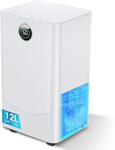 12L/day Dehumidifier with Humidity Sensor & Display and 24-Hour Timer, 3 Dehumidification Modes, Suitable Bedrooms, Office, Basements, Continuous Draining, White - Upgraded