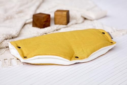 KraftKids Kinderwagenmuff Handwärmer mit Druckknöpfen, außen Leinen Senfgelb, innen warmes Polyester, fürs ganze Jahr, handgefertigt EU