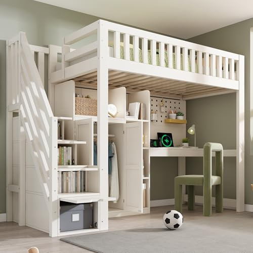 Xwiny Hochbett 90x200 cm mit USB/USB‑C Anschlüsse und Treppe Stauraum, Kinderbett mit Schreibtisch und Kleiderschrank, Stauraumbett mit Offenes Regal und Lattenrost, Weiß-B(Ohne Matratze)