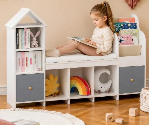 MoraRise Kids Bookshelf with Seat, Toy Storage Unit with Storage Bench 3 Rolling Toy Chest,Kids Bookcase for Playroom,Nursery, White