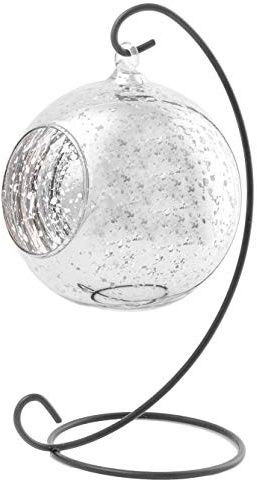MERCURY SILVER HANGING GLASS BAUBLE CANDLE TEA LIGHT HOLDER WITH STAND 12 CM