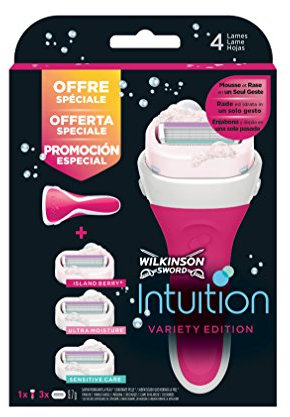 Wilkinson Sword Intuition PACK Variety Edition - Máquina de Afeitar Recargable Femenina de 4 Hojas con Jabón Hidratante + 3 Recambios de Cuchillas Autoadaptables , Kit Depilación de Mujer
