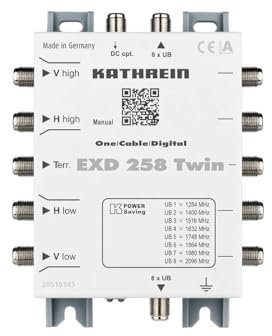 Kathrein EXD 258 Twin SAT Multischalter Kaskade Unicable Eingänge (Multischalter): 5 (4 SAT/1 Terre