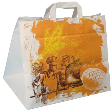 250 Papiertragetaschen Papiertüten Bäckertragetaschen Kuchentragetaschen Papier mit Flachhenkel weiß Bäckermotiv Steinofen 32+22x27cm 80g/m²