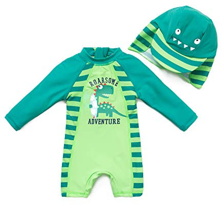 BONVERANO Traje de baño para bebé niño Trajes de baño de una Pieza de Manga Larga Protección UV 50+ Trajes de baño con Cremallera(Verde-Dinosaurio,3-6meses