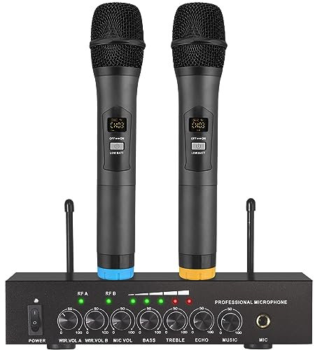 LiNKFOR Microfono Senza Fili per Karaoke Bluetooth 4.2 Set di Microfoni Wireless UHF Sistema Professionale di Microfoni Portatili Bluetooth Echo con Cavo Audio 6,35mm/RCA per Matrimoni Feste DJ Chiese