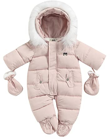 Geagodelia Combinaisons à Glissière pour Enfants avec Gants, Combinaison à Capuche Hiver Barboteuse en Peluche de Couleur Unie avec Poches (Rose, 9-12 Mois)