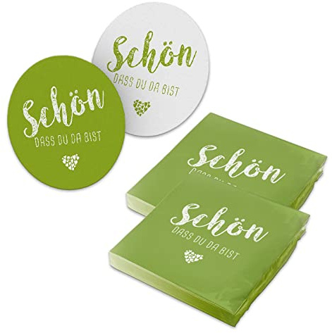 itenga 40x Servietten mit 40x Bierdeckel Schön dass du da bist (frühlingsgrün)