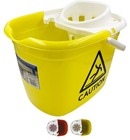 Mop Bucket with Wringer and Wet Floor Caution Sign, 12L Cleaning Bucket Plus Built-in Easy Carry Handle, Heavy-Duty Plastic Yellow Mop Bucket for Commercial and Industrial Surface Cleaning