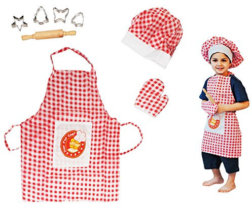 alles-meine.de GmbH 8 TLG. Kochset/Backset aus Metall + Küchenhelfer + Ausstechformen + Topflappen + Schürze + Kochmütze - Geschirr - Spiel Set - Küche Zubehör - für Kinder - K..