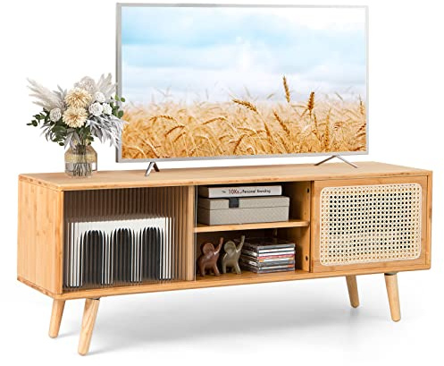 COSTWAY Meuble TV en Bambou avec 4 Compartiments pour TV 55 au Max, Banc TV à 4 Pieds en Bois Massif, 2 Portes Coulissantes en Rotin et Verre Trempé, 120,5x31x45,5cm (120x31x45,5cm) (Naturel)