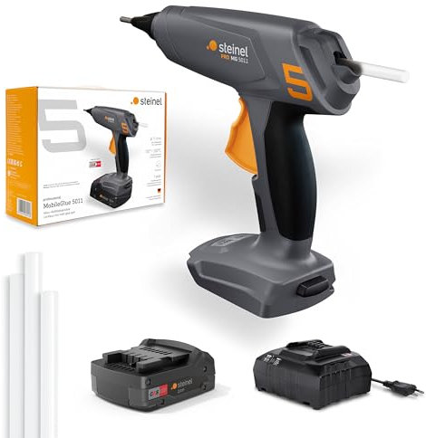 Steinel MobileGlue 5011 pistola incollatrice a caldo senza fili, incl. batteria CAS 18 V 2,0 Ah, caricatore, 3 stick di colla 11 mm, 130°C/200°C