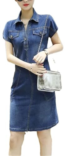 Tdvcpmkk Robe en denim à manches courtes avec revers pour femmes, coupe ajustée, jean mince, robe de longueur moyenne en denim, couleur photo, M
