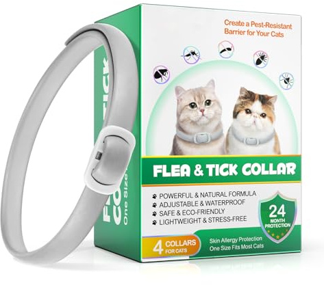Collari Antiparassitari Per Gatti,Naturali Collare Antipulci e Zecche per Gatti,Collare Regolabile Impermeabile,Elimina pulci, zecche, pidocchi,4 * 6 Mesi di Efficacia Protezione