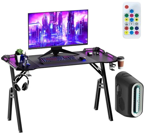 Aufun Scrivania da gioco Bureau Gaming Table Gaming con LED per computer, tavolo da gioco, 120 x 60 cm, stabile scrivania in PC con rivestimento in fibra di carbonio, tavolo da gioco ergonomico