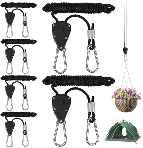 6 stycken spärrhängare, 1/8 tum justerbar repspärrhake med krokar, 2 m repspännare justerbar repkrok spärr för växtlampa, inomhusväxter, ljus, solsegel, 68 kg lastkapacitet