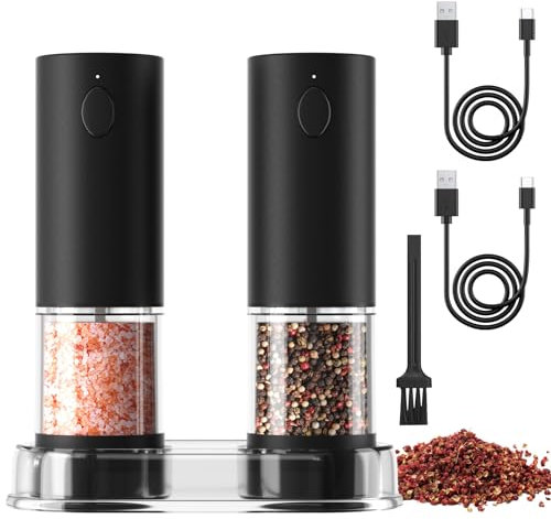 COKUNST Juego de molinillos de sal y pimienta eléctricos, recargable, negro, con base, ajustable, luz LED para barbacoa, restaurante, cocina