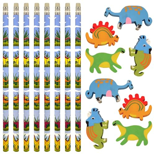 PartyPack Dinosaurier Kinder Bleistifte und Radiergummi Set - 16 Stück - 8 Holzbleistifte und 8 Radiergummis, für Jungen und Mädchen.