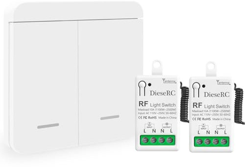 DieseRC Wireless Light Switch Kit 86 Wall Panel RF Safety Control and 10 Amp Relay Receiver Controller AC220V 230V 240V,Long Range Reomte ON OFF for AC Appliances (2 Receivers and 1 Switch)