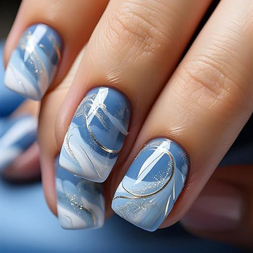 Ceboic 24 Stück Nägel Zum Aufkleben Kurz Eckig, Blau Weiß Farbverlauf French Press on Nails Glossy Glitzer Künstliche Nägel, Acryl Fingernägel zum Aufkleben, Full Cover Kunstnägel für Frauen