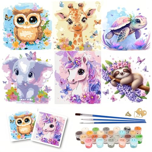 LAISLLA Pintura por Números para Adultos, 6 piezas DIY Pintura por Números Animales, Kit de Pintura al óleo de Lienzo para con Pinceles Sin Marco 20X20 CM
