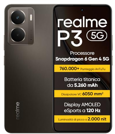 realme P3 5G Smartphone 12+512 GB, Processore Snapdragon 6 Gen 4 5G, Batteria titanica da 5260mAh,Ricarica rapida da 45W, AMOLED da 120 Hz, Luminosità di picco a 2.000 nit, IP69, Grigio rr