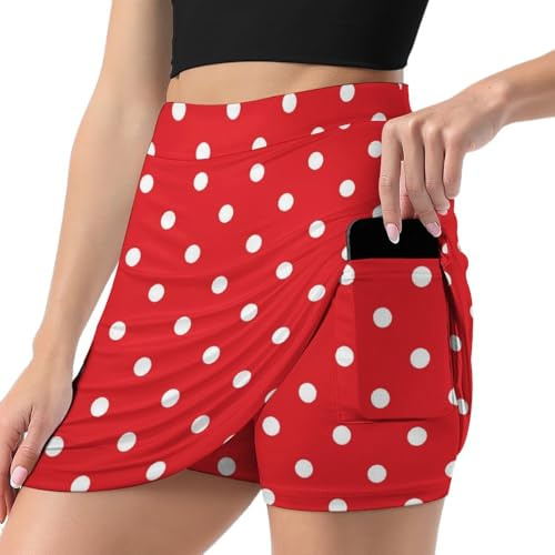 Jupe-short rétro blanc à pois rouges pour femme, mini jupe de golf athlétique pour femme avec poche, Multicolore, XXL