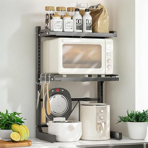 FALANZATH Mikrowellenregal 3-stufig Verstellbares Mikrowellen Regal aus Carbonstahl Küchenregal für Arbeitsplatte mit Haken Mikrowellenhalterung Höhen- und Breitenverstellbar Schwarz
