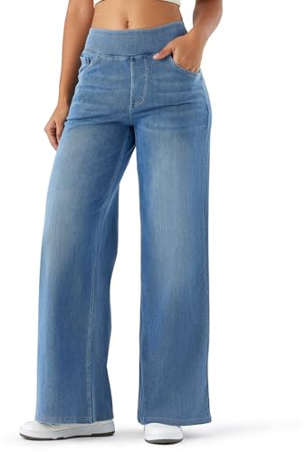 Fanica Women's Baggy Wide Leg Jeans, High Waisted Relaxed Fit Stretch Pull On Soft Denim Pants with Pockets Light Blue X-Large