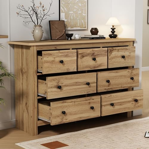 VIVCA Moderno armadio da pranzo con grande capacità, buffet con diverse cassetti, originale armadio da bar in legno naturale con 7 cassetti per ingresso, cucina, sala da pranzo e soggiorno