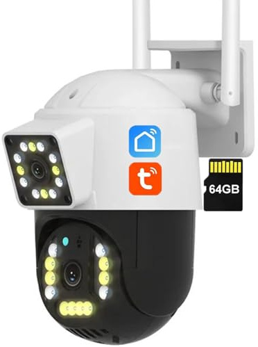 KEYQEEN Cámara IP WiFi PTZ de Doble Lente de 8MP Compatible con Tuya, cámara de Seguridad con visión Nocturna HD, Seguimiento automático y Audio bidireccional para videovigilancia,Camera+64g