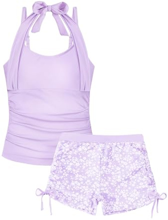 Girls Swimming Costume Padded Bras 7-15 Years, Two Piece Drawstring Halterneck Girls Tankini Swimsuit with Boy Shorts Kids Bathing Suit