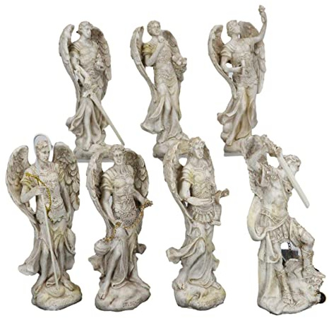 Seven Archangels Of The Holy Book Michael Gabriel Raphael Sealtiel Barachiel Uriel Jegudiel Figurine Miniature Set Sculptures In Ivory Paint Finish